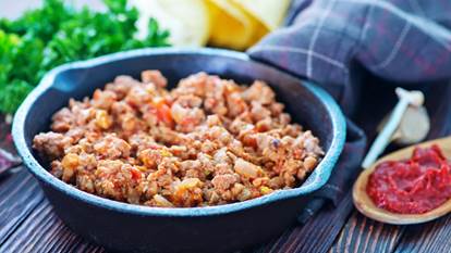 ground meat in a skillet