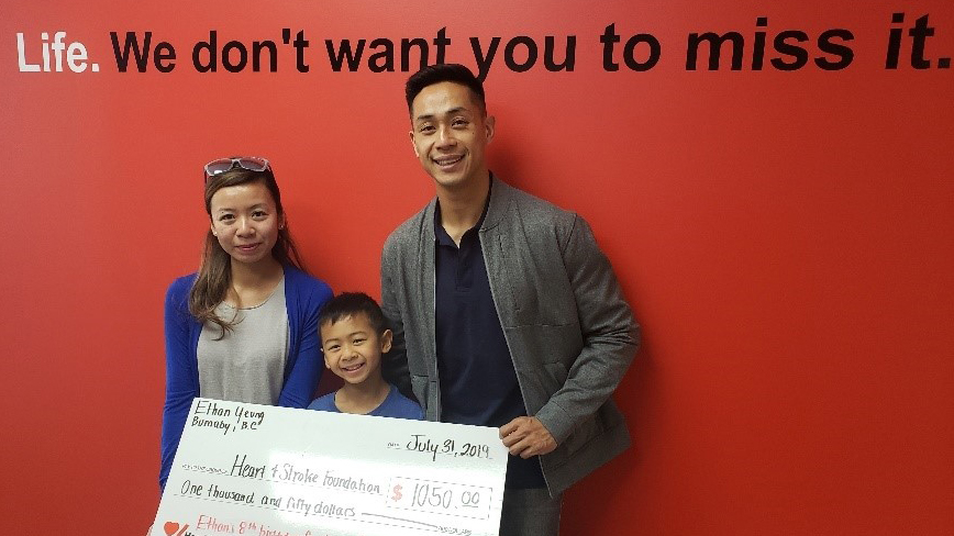 <p>Ethan Yeung and his parents presenting Heart & Stroke with the money he raised.</p> <p>Ethan Yeung and his parents presenting Heart & Stroke with the money he raised.</p>
