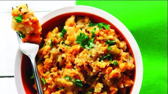 Mashed sweet potato, turnip, parsnip topped with coriander seeds and fresh cilantro