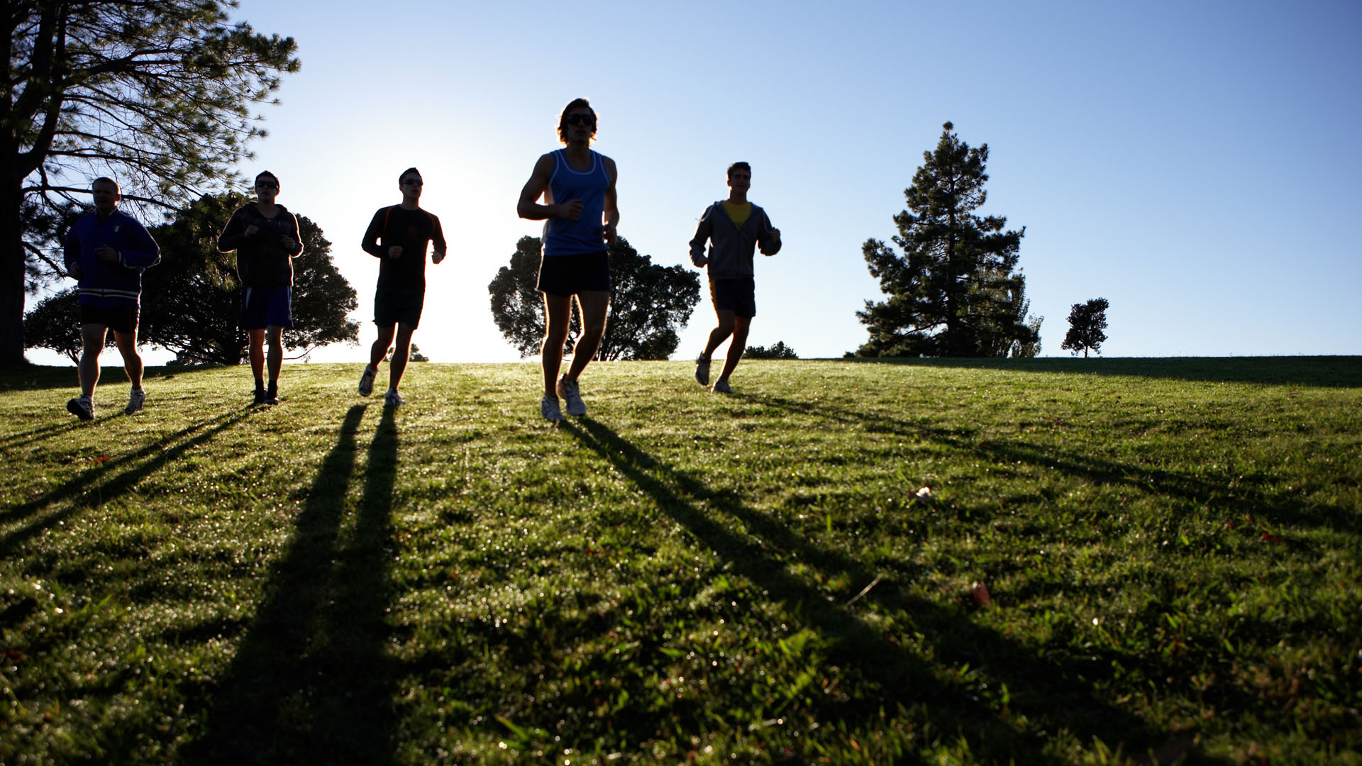 Five people jogging in park