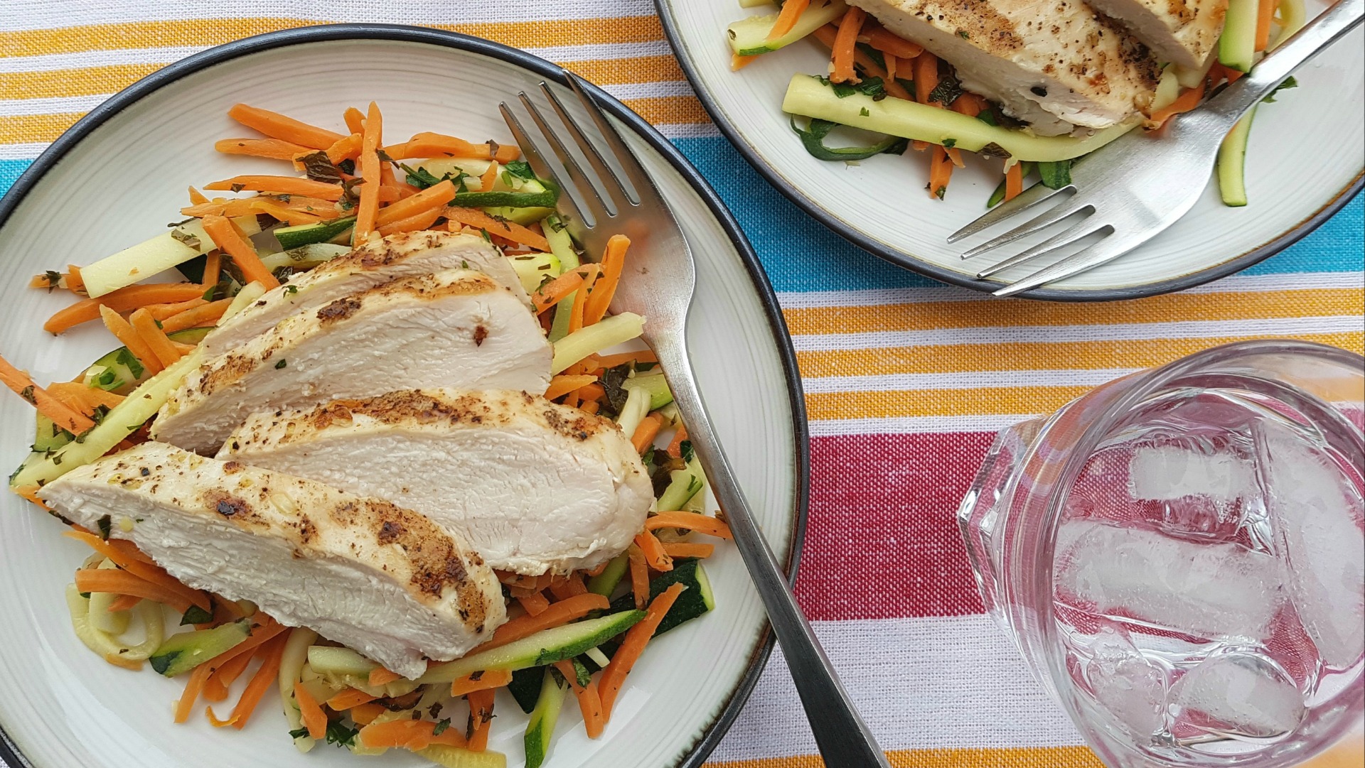 Plate of sliced chicken breast with shredded zucchini and carrots