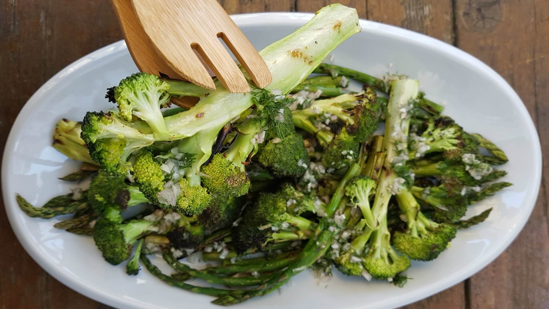 Plate of grilled broccoli and asparagus