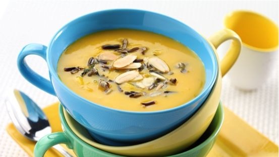 Butternut squash and apple soup with wild rice and sliced almonds