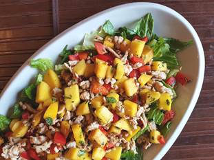 Diced mango, chicken, lettuce, red peppers on white plate 