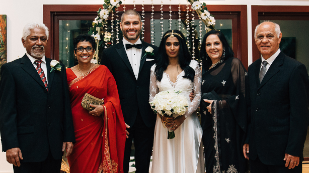 <p>A family united: Lakna’s parents Nalaka and Kumari, Regis, Lakna, Regis’s parents Edina and Pedro.&nbsp;</p>