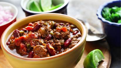  Bowl of chili ground beef, red peppers and beans