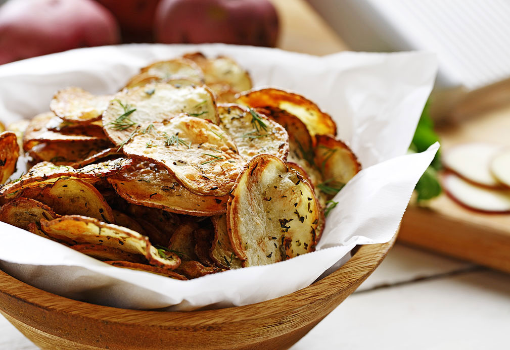 Bowl filled with oven baked potato chips