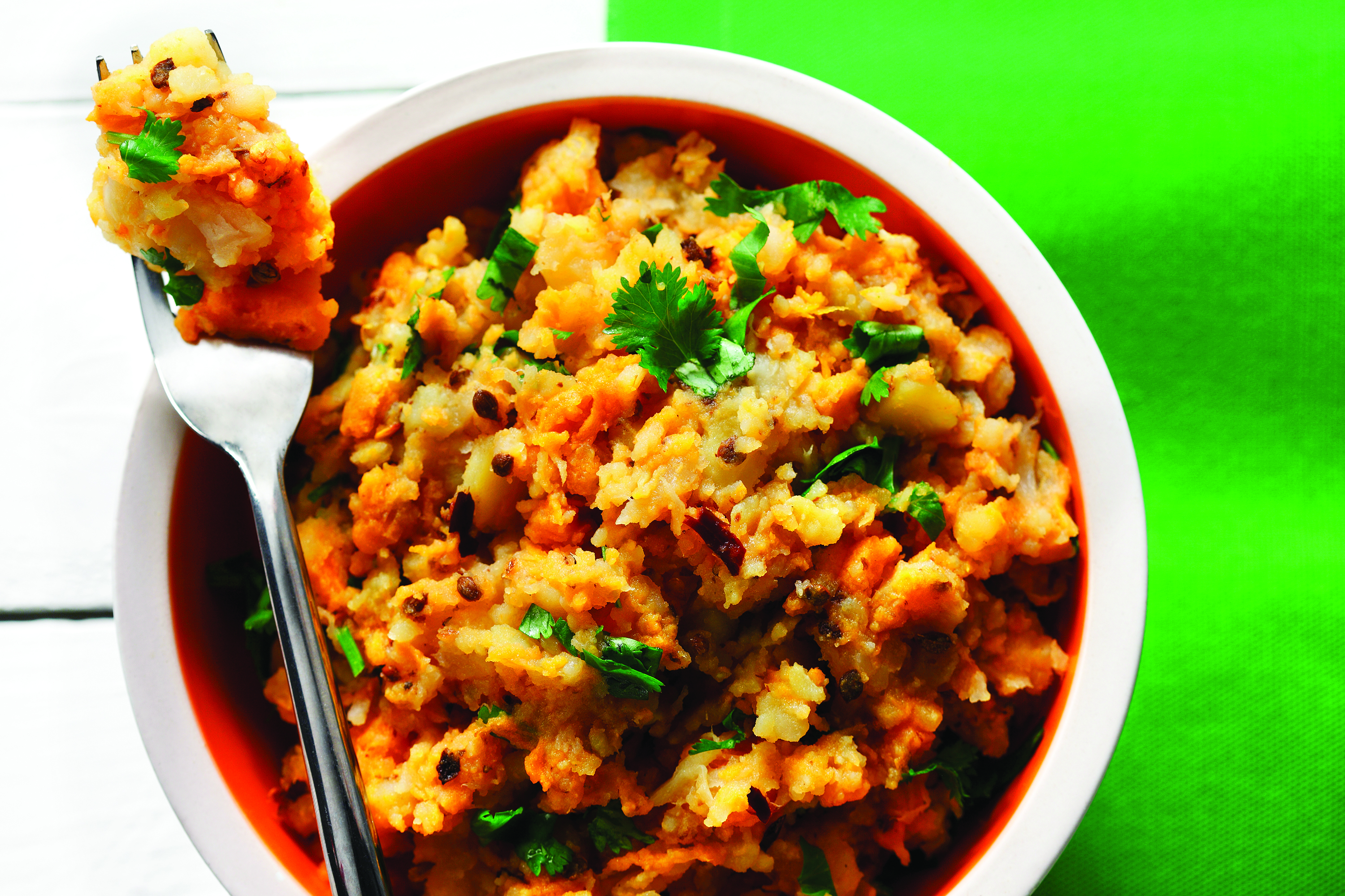 Mashed sweet potato, turnip, parsnip topped with coriander seeds and fresh cilantro