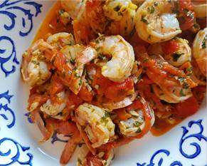 Skillet shrimp with roasted red pepper lemon sauce