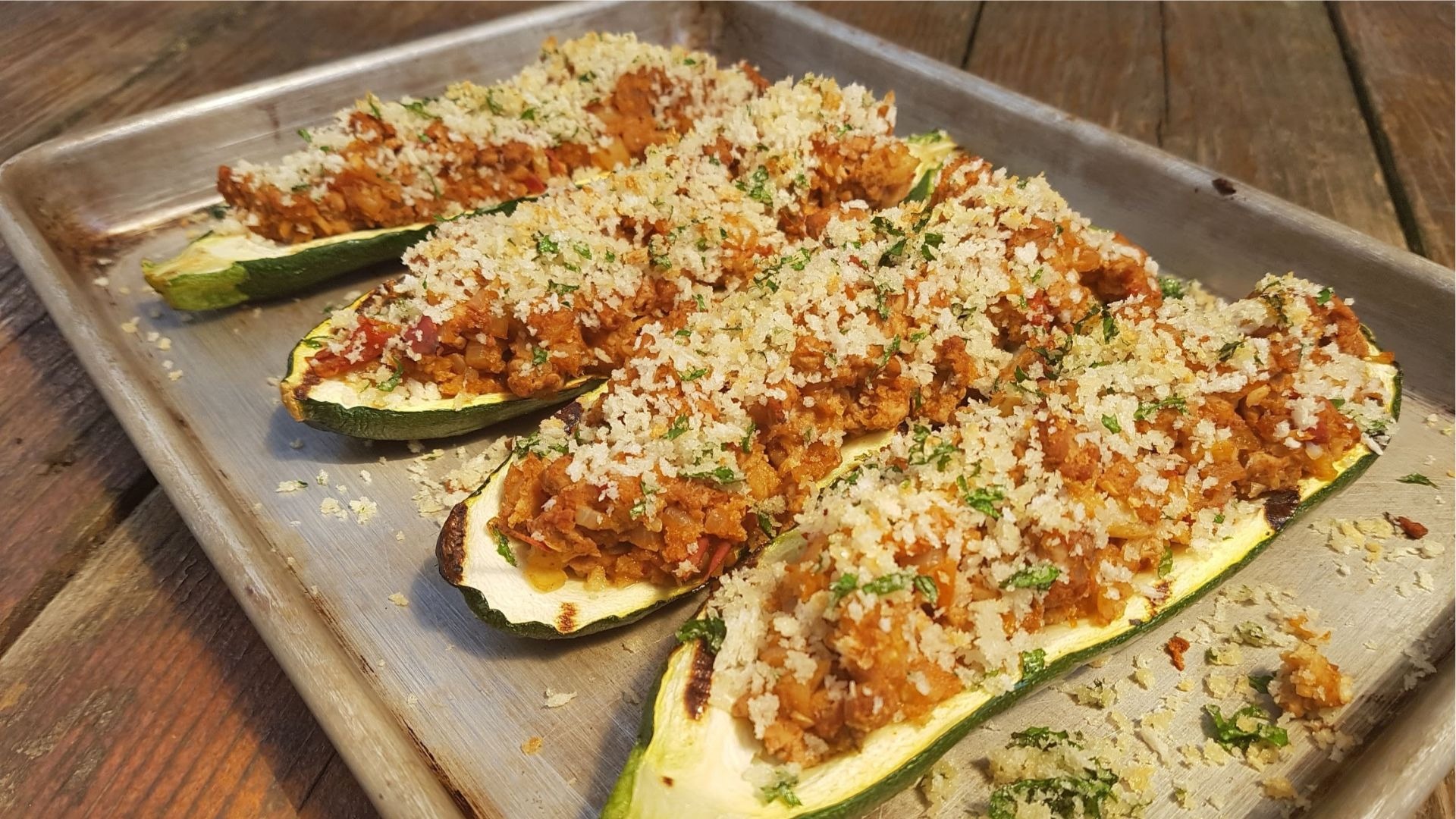 Zucchini stuffed with ground turkey and panko crumbs