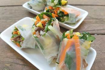 Sliced beef, vegetables rolled in rice paper wrappers