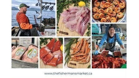 A collage of images from the market with fresh seafood, plus the URL www.fishermansmarket.ca