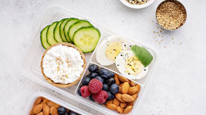 Snack box with high fruit, cottage cheese, nuts and eggs