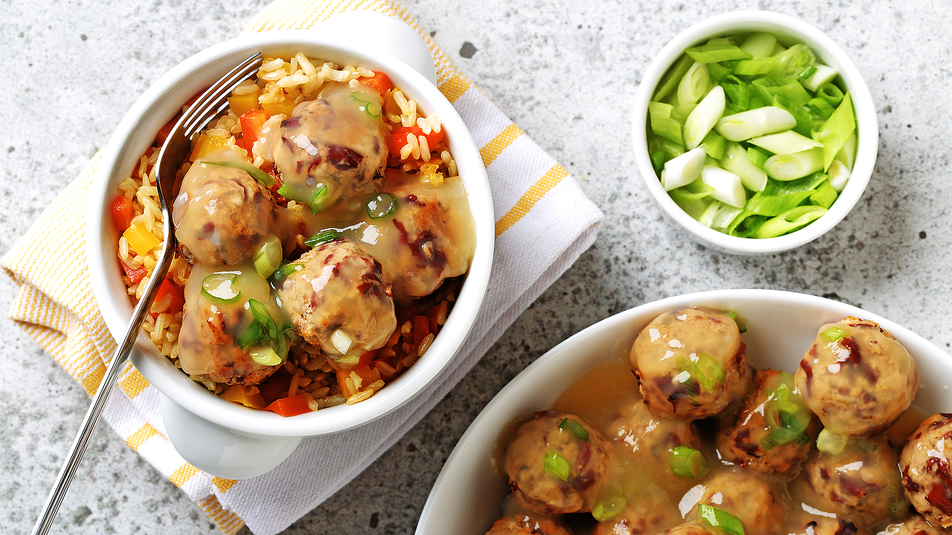 Red kidney bean “meatballs” on peppered rice with chopped scallions on the side.