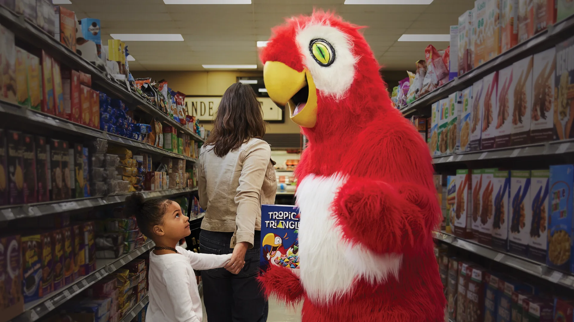 A person in a costume entices a girl into buying cereal at the grocery store.