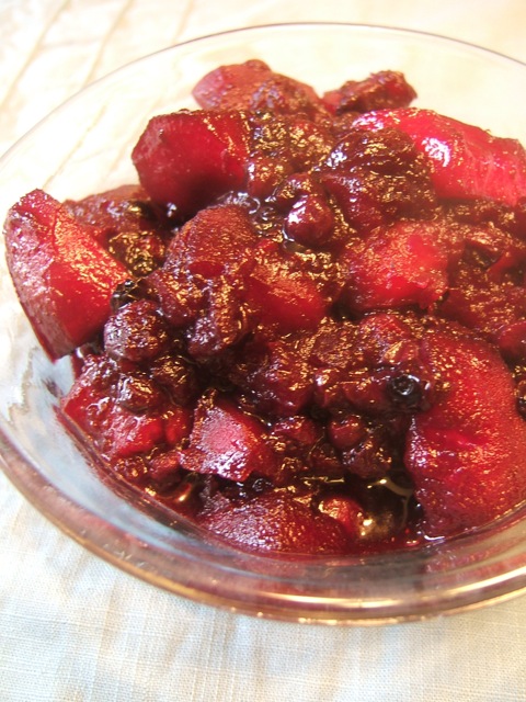 Apple blueberry compote in a glass bowl