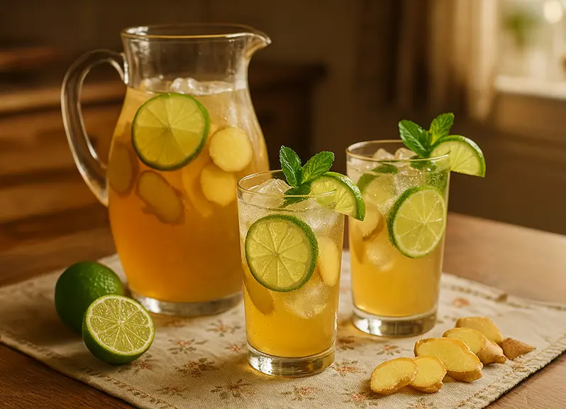 A pitcher and two glasses of sparkling ginger tea with lime on a wooden table beside fresh lime and ginger. 