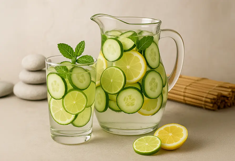 A glass and pitcher of cucumber, lemon, lime and mint water with a bamboo mat and decorative stones in the background.
