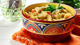 Easy chicken biryani in a colourful dish