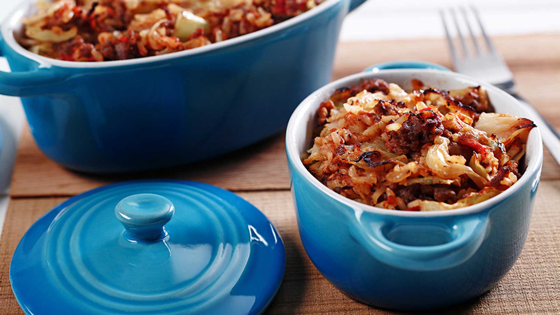 Cabbage casserole in blue ceramic pot