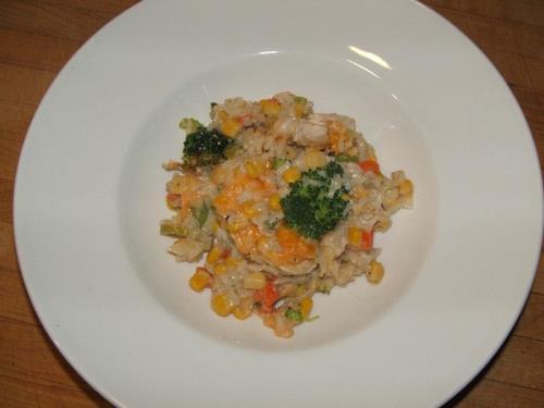 Chicken and veggie bake served on a white plate