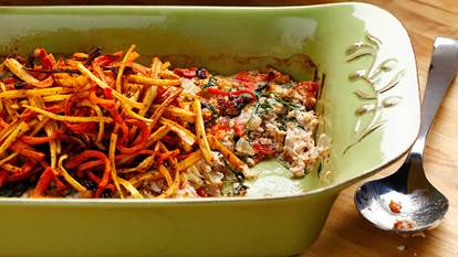 Turkey burger casserole with parsnip and carrot frites