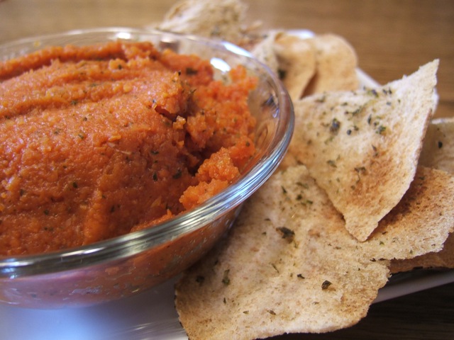 Herb pita crisps with roasted carrot dip