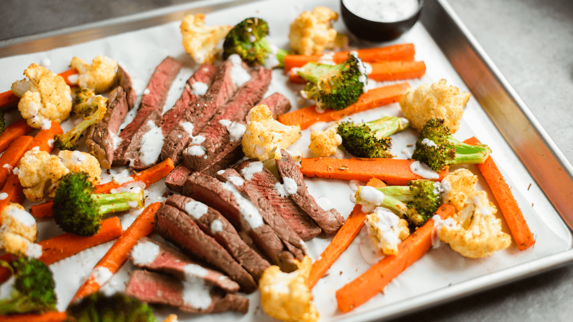 Steak and roasted vegetable sheet-pan dinner