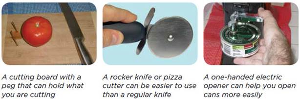 A cutting board with a peg that can hold what you are cutting, a rocker knife or pizza cutter can be easier to use than a regular knife, a one-handed electric opener can help you open cans more easily