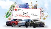 A collage of this year's prizes, including a cheque for one million dollars and three cars.