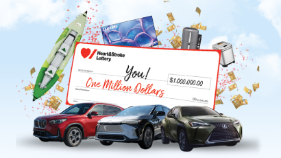 A collage of this year's prizes, including a cheque for one million dollars and three cars.