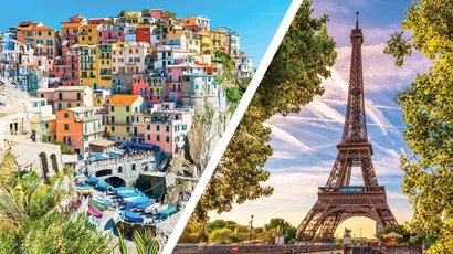 Image showing the Eiffel Tower in Paris and a colourful seaside town on the Italian coast, representing travel destinations.