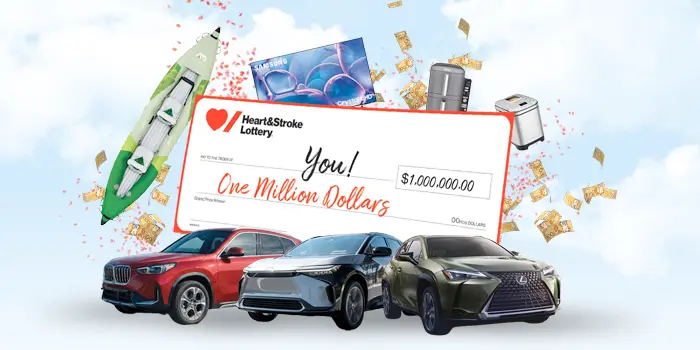 A collage of this year's prizes, including a cheque for one million dollars and three cars.