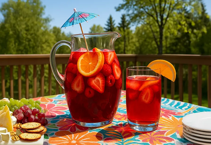 A glass pitcher and glass of hibiscus tea with fruit slices on a floral outdoor table beside a cheese and fruit platter. 