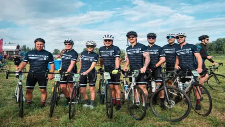 A team of 8 bike riders participating in the Valley GranFondo