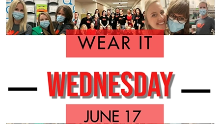 Collage of photos showing people wearing Heart & Stroke items with a sign reading, Wear it Wednesday June 17