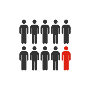 10 people are standing in a row; 9 are grey, and one is red.