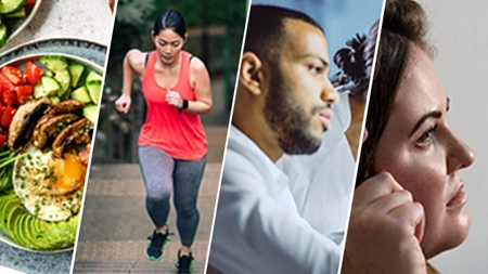 A collage showing a healthy meal, a person running, a healthcare professional working and a woman. 