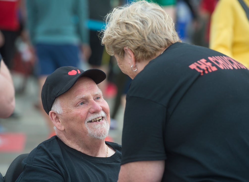Chuck smiling up at Lorraine at Ride for Heart.