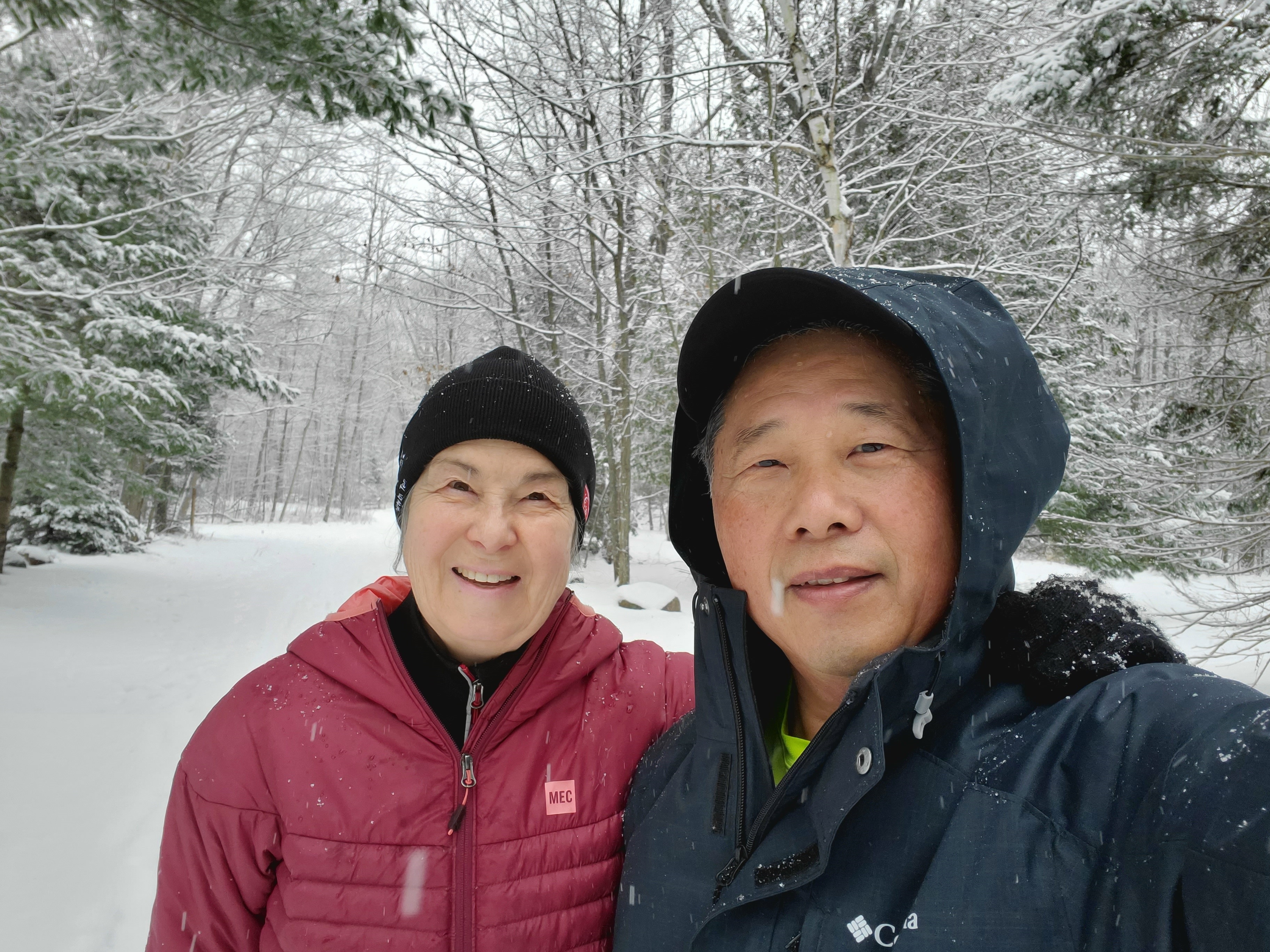 Donna and Barry on a hike in Killarney Provincial Park in the winter.