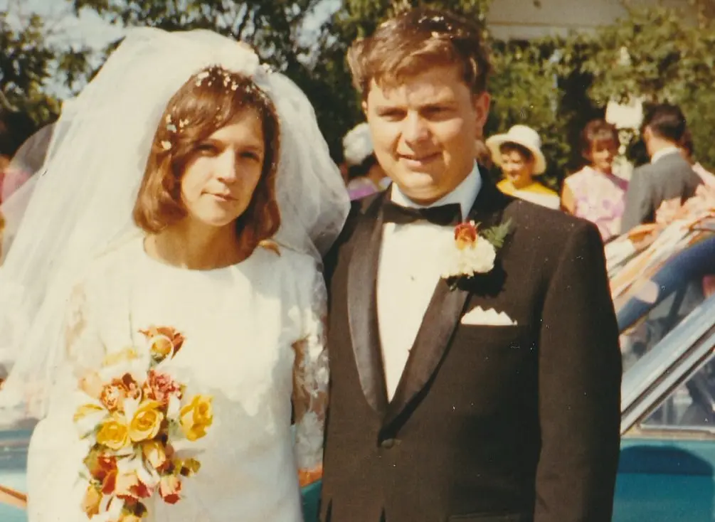 John Wheatcroft with his wife, Faye, at their wedding.