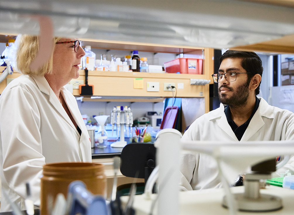 Dr. Howlett talks with a researcher on her team